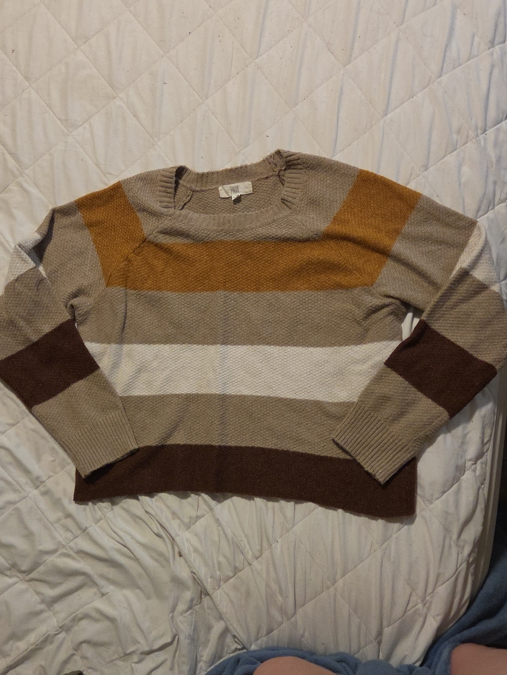 Pinque Cropped Striped Crewneck Sweater in Tan, Maroon, Mustard & Cream